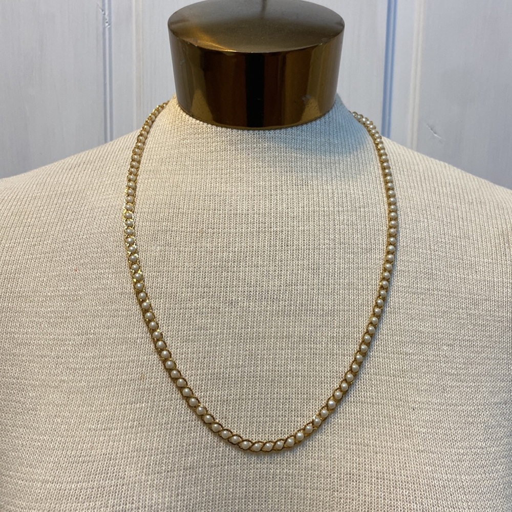Gold Tone Faux Pearl Laced Necklace